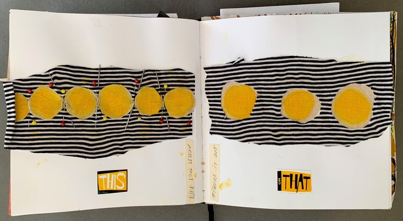 A hand-drawn page featuring a striped pattern with yellow circles and text labels.