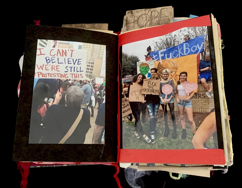 A collage of protest and activist photos, featuring handwritten messages and humorous signs.