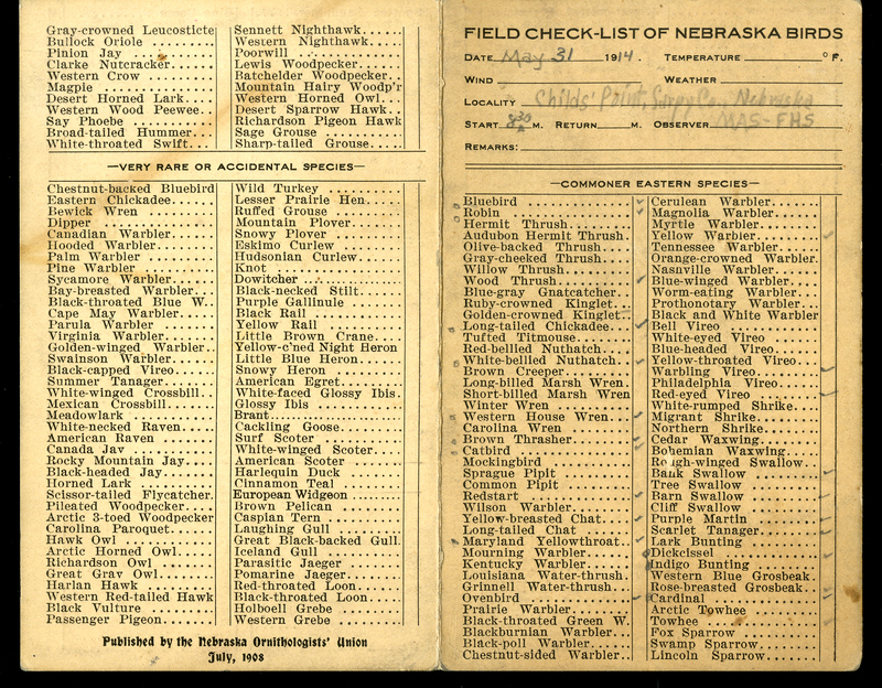 Frank H. Shoemaker bird record, sited on May 31, 1914, in Sarpy County, Nebraska, and recorded on the "Field Check List of  Nebraska Birds."