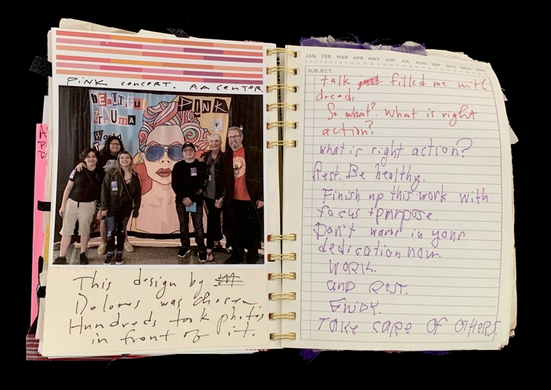 A scrapbook page featuring a photograph of a group at a Pink concert and handwritten notes on the right side.