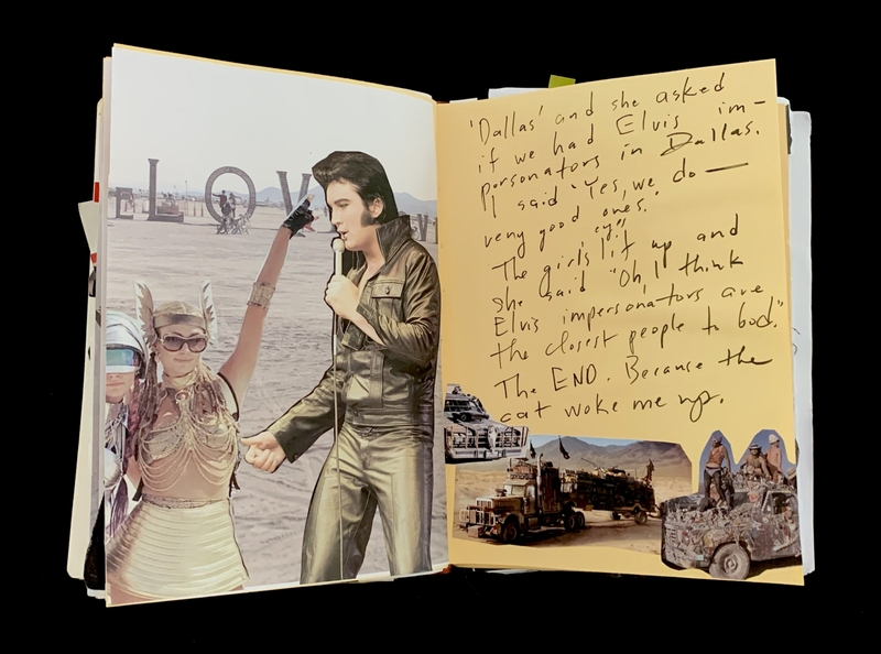 A scrapbook page featuring a photograph of Elvis Presley and a person in a costume, accompanied by handwritten notes.