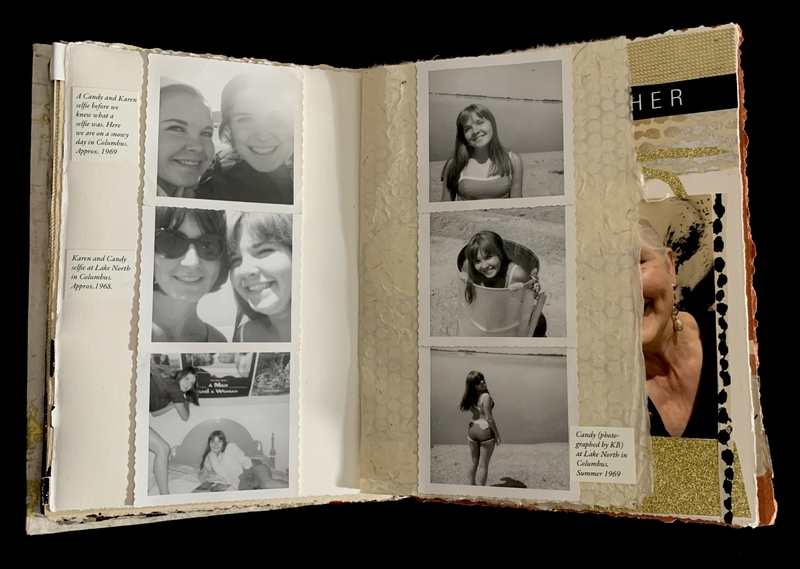 Open scrapbook with black and white photos of people and transcribed captions.