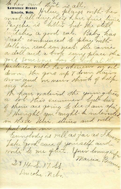 Handwritten 6 page letter from Marcia Bruner to Lawrence Bruner, "I did not go to church today..."