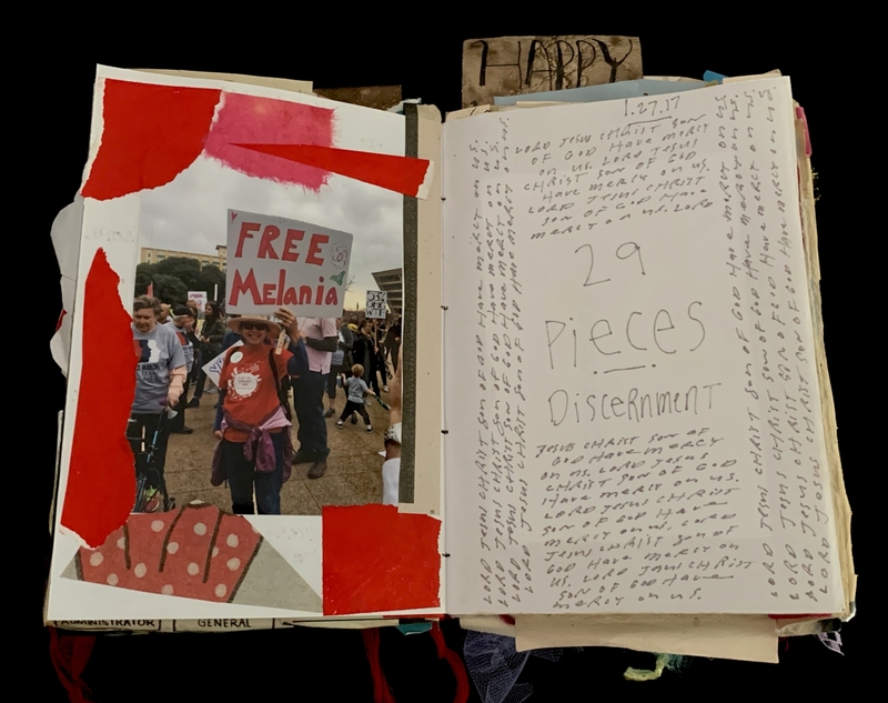 A collage-style page featuring a protest photograph and handwritten notes.