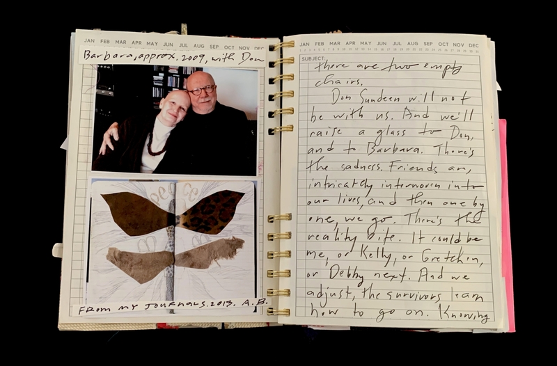 A journal page featuring a photograph of two individuals, a piece of fabric, and handwritten text reflecting on the loss of a friend.