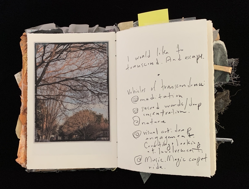 A journal page featuring a photograph of bare trees and handwritten notes about transcending and escaping.