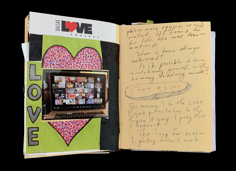 A page from a scrapbook or journal featuring a Dallas Love Project theme, with a photograph of a laptop screen displaying a virtual meeting and handwritten reflections.