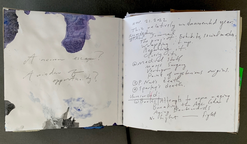 A hand-drawn journal page with abstract watercolor splatters and handwritten notes.