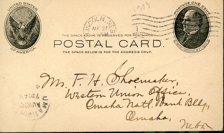 Handwritten postcard from Robert H. Wolcott to Frank H. Shoemaker, "Expect to be in Omaha over Sunday is there a trip on? Will be see you Saturday aft"