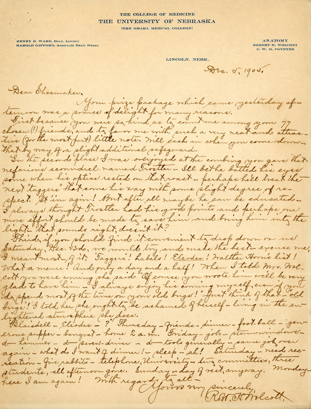Handwritten letter, 1 page, from Robert H. Wolcott to Frank H. Shoemaker, "Your prize package which came yesterday afternoon was a source(?) of delight for many reasons."