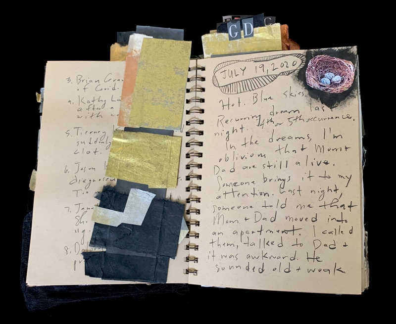 A journal entry dated July 19, 2020, featuring handwritten notes, torn paper, and a small bird's nest illustration.