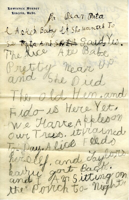 Handwritten 2 page letter from Helen Bruner to Lawrence Bruner, "I asked Baby if she wanted to see..."