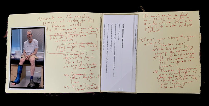 A handwritten notebook page featuring a photograph of a person with a cast on their leg, alongside various notes and questions about financial sources and personal strengths.