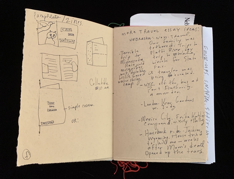 An open notebook with sketches of zines on one page and handwritten travel essay ideas on the other.