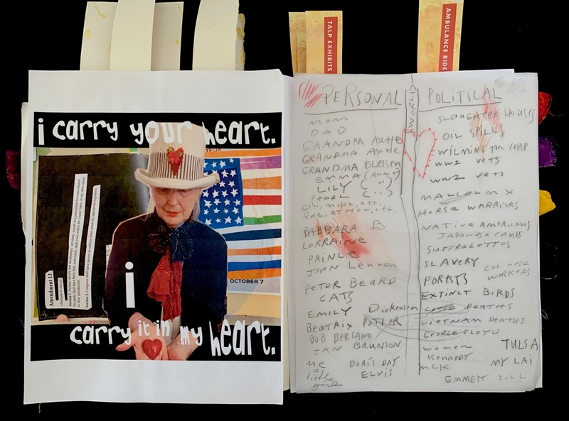 An open journal with a collage on the left page and handwritten lists on the right.