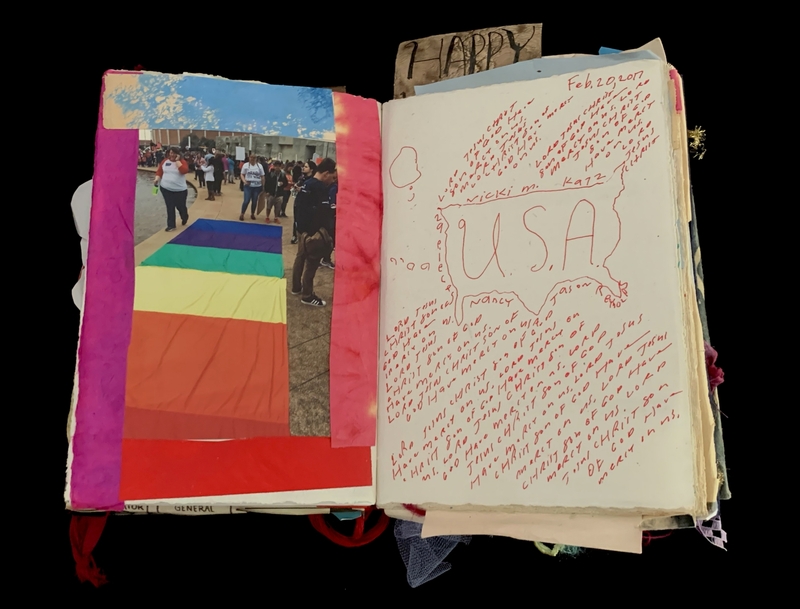 A scrapbook page featuring a photograph of a Pride event and handwritten notes.