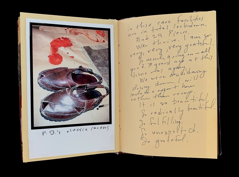 A handwritten page with a photograph of a pair of shoes and accompanying text expressing gratitude and reflection.