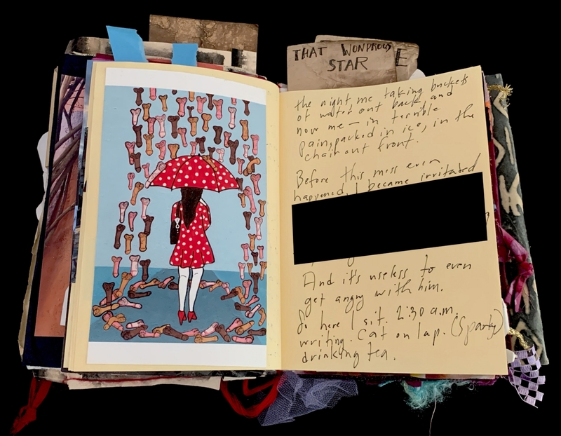 A mixed-media page featuring a drawing of a woman in a red polka-dot dress holding an umbrella, surrounded by bones, and handwritten text on the right side.