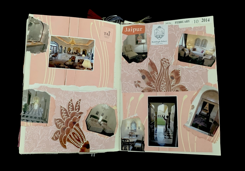 Open scrapbook showing a collage of interior photos and floral patterns, labeled "Jaipur."
