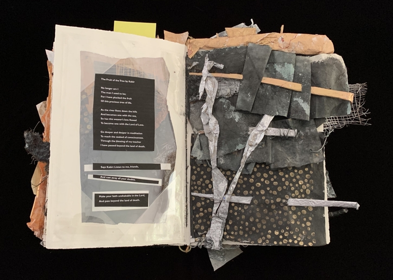 A collage-style page with torn paper, fabric, and text, featuring a poem titled "The Fruit of the Tree" by Kabir.