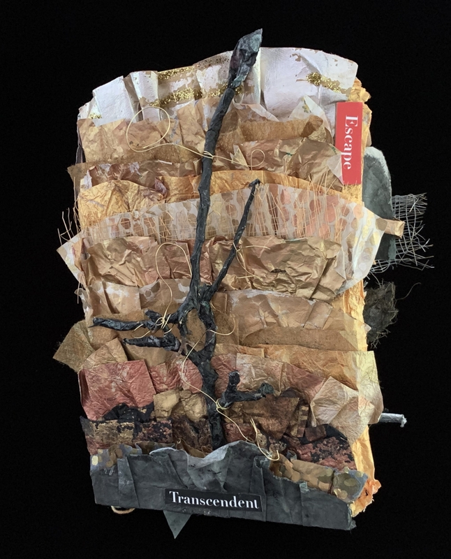 A mixed-media artwork featuring a tree-like structure with layered textures and a small red tag labeled "Escape."