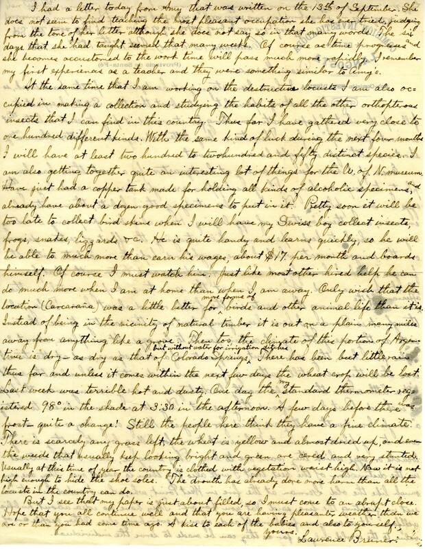 Handwritten 2 page letter from Lawrence Bruner to Marcia Bruner, "I have been staying at headquarters for the past week, so have nothing special to write about this time..."