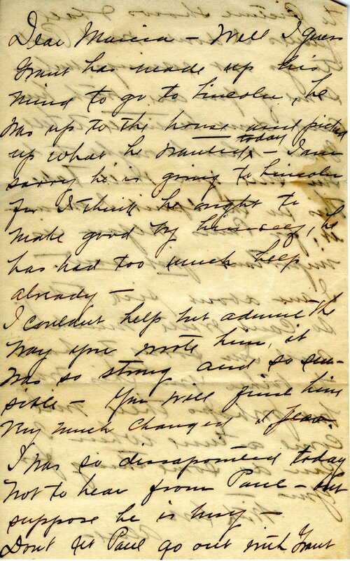 Handwritten 2 page letter from Alice to Marcia Bruner, "Well I guess Grant has made up his mind to go to Lincoln…"