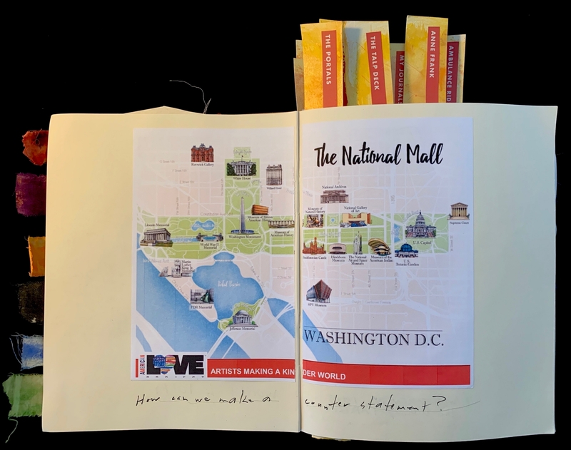 Open journal showing a map of the National Mall and handwritten notes with colorful fabric tabs.