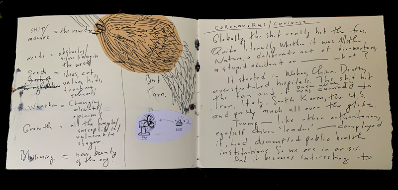 A handwritten page with a detailed illustration of a fan and associated text discussing the coronavirus pandemic and its impact.