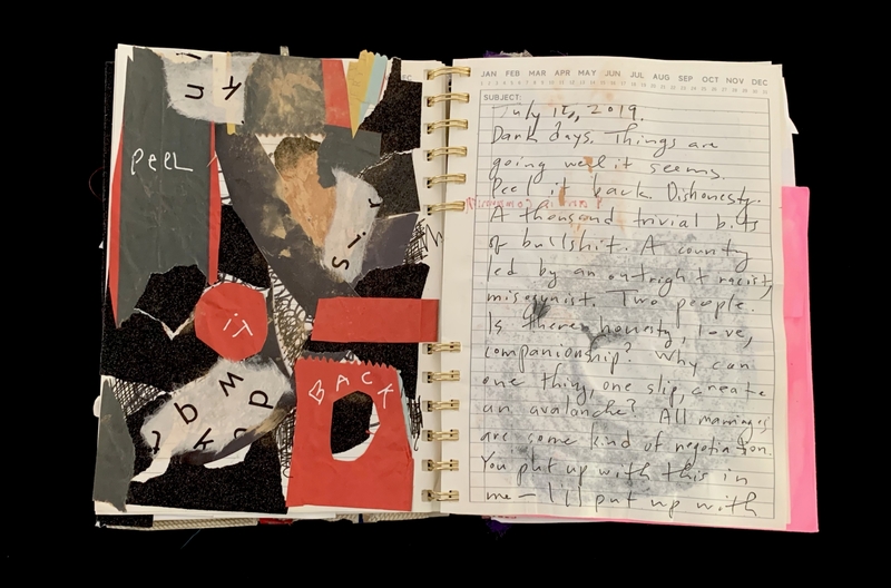 A journal page featuring a collage of abstract shapes and text alongside handwritten notes.