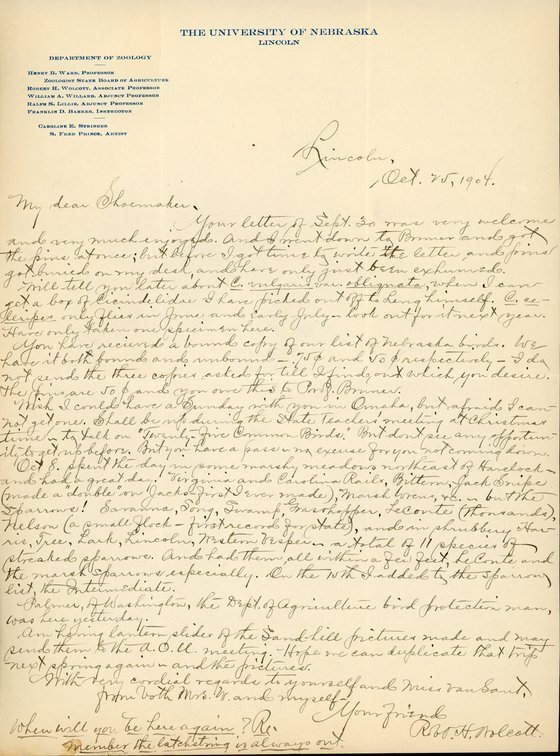 Typewritten letter, 1 page, from Robert H. Wolcott to Frank H. Shoemaker, "Your letter from of Sept. 30 was very welcome and very much enjoyed. And I went down to Brumer and and got the pine at once..."