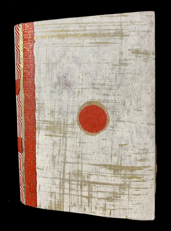 Artistic book cover with red circle and textured patterns.