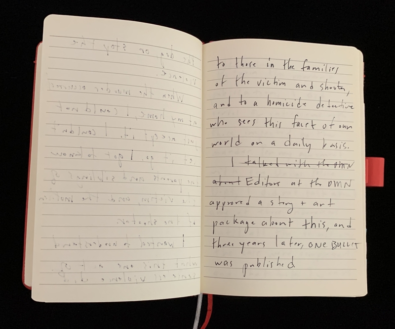 Open notebook with handwritten text on a red background.