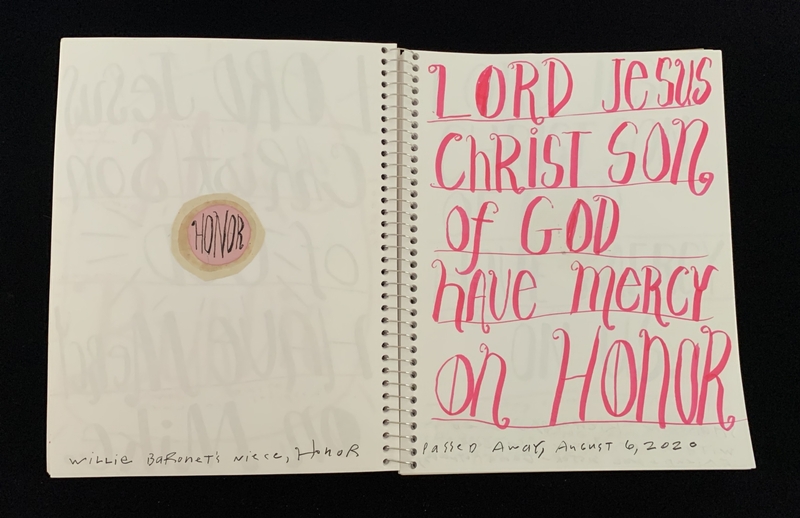 A handwritten page with a prayer and a memorial note for Honor.