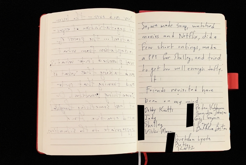 An open notebook with personal handwritten notes and a list of names, some text obscured by black rectangles.