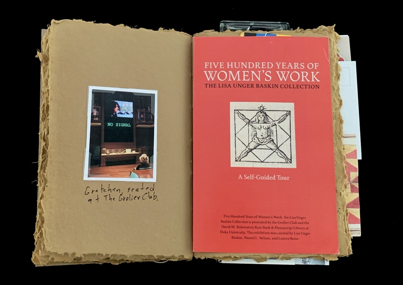 Open book displaying a photo on the left and the cover of "Five Hundred Years of Women's Work" on the right.