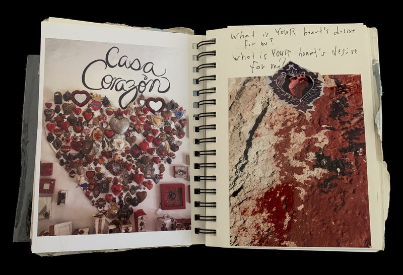 A journal page featuring a heart-shaped collage and a textured wall with a heart motif.