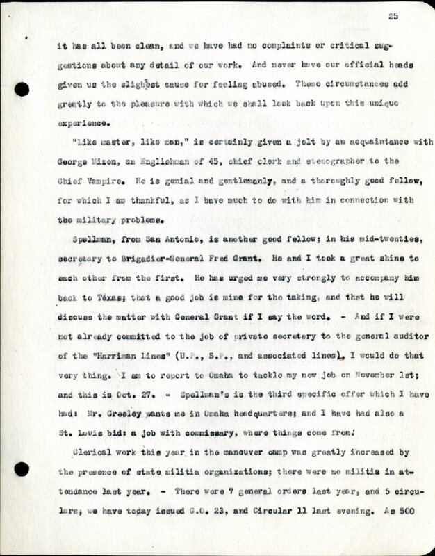 Frank H. Shoemaker typescript, 28 pages, titled "At Fort Riley, Kansas" on activities at Fort Riley between Oct. 12-29, 1903.