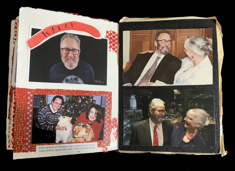 A scrapbook with photos of a man named Kelly, family, and dogs at Christmas, and couples celebrating.