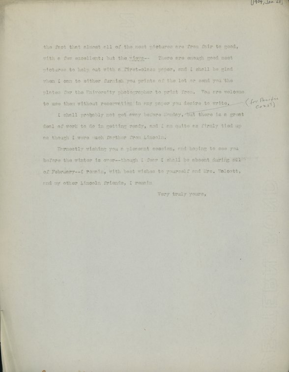 Typewritten letter, 2 pages letter from Robert H. Wolcott to Frank H. Shoemaker, "As you know the circumstances which cause my absence from the annual meeting, I shall be obliged if you will explain to the members just how it happens, and express my regret."