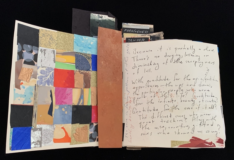 An open scrapbook with a colorful collage on the left and handwritten text on the right.