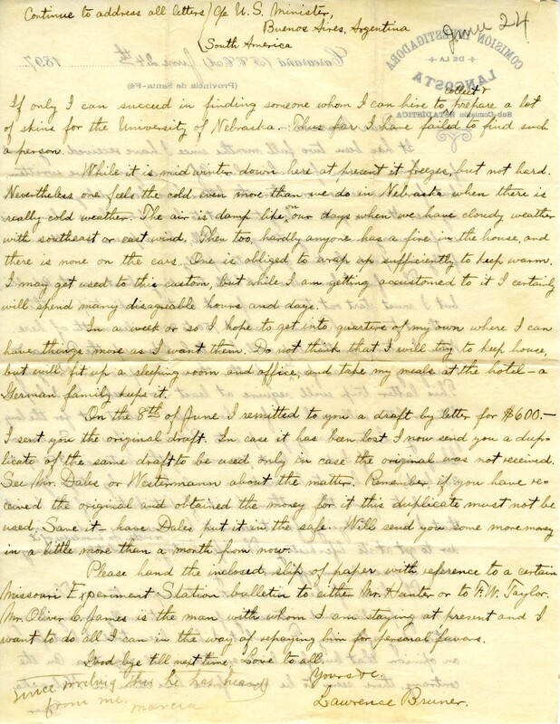 Handwritten 2 page letter from Lawrence Bruner to Marcia Bruner, "It has been two full months since I have received any word from home or even from Lincoln."