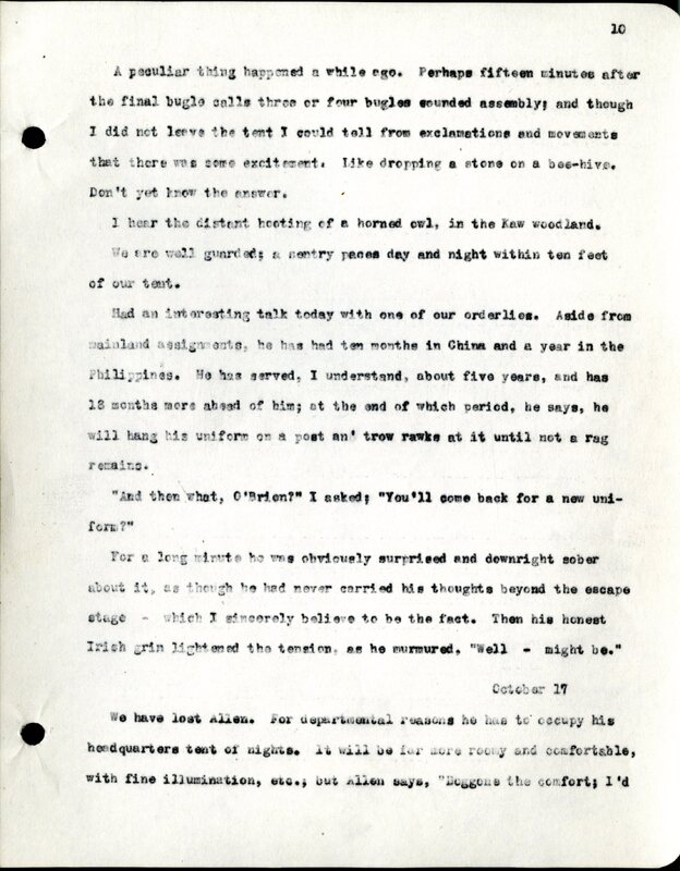 Frank H. Shoemaker typescript, 28 pages, titled "At Fort Riley, Kansas" on activities at Fort Riley between Oct. 12-29, 1903.