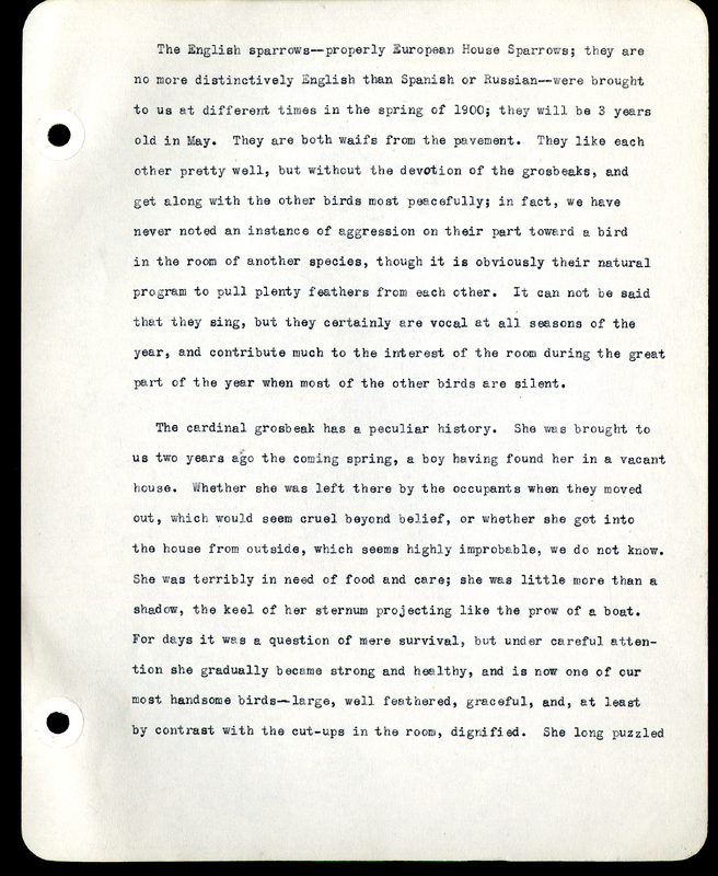 Frank H. Shoemaker typescript narrative, 29 pages,  on the bird room in Omaha home, with details on bird and insects.