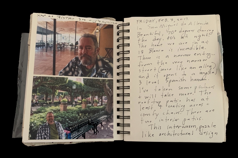 A travel journal entry featuring a man at Bistro 300 + Jardin, with handwritten notes and photos of the location.