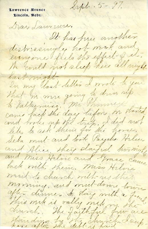 Handwritten 4 page letter from Marcia Bruner to Lawrence Bruner, "It has been another distressingly hot week and everyone…"
