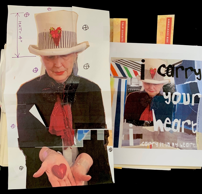Collage of a person in a white hat holding a red heart in their palms, with the text "i carry your heart" overlaid.