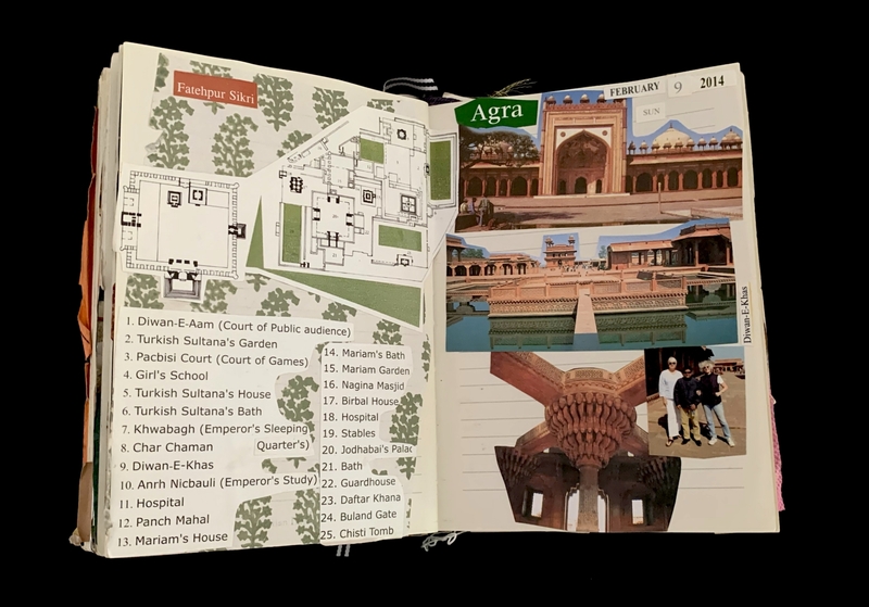 Open journal showing a map of Fatehpur Sikri and photos of Agra architecture.