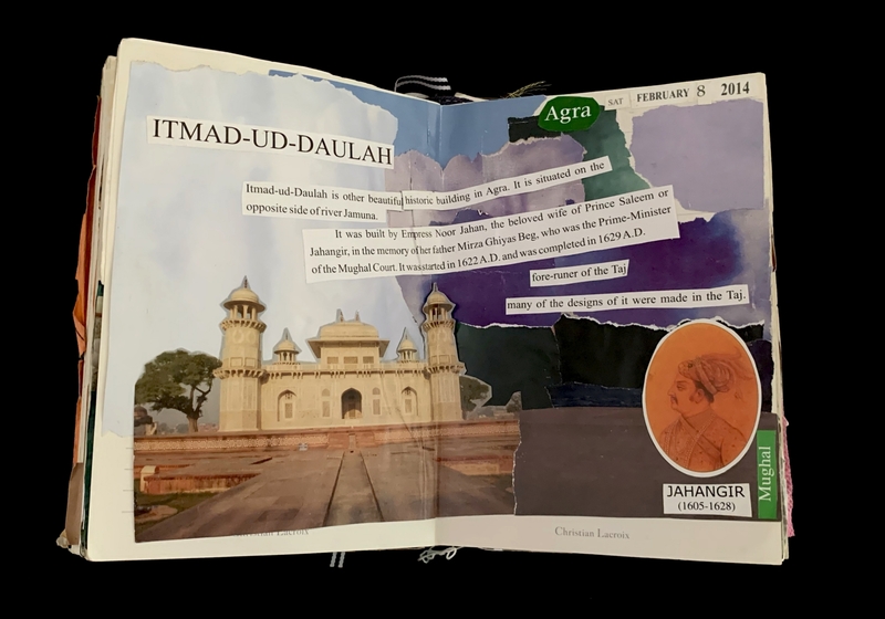 A collage on an open book page featuring the Itmad-ud-Daulah monument with historical text cutouts and a portrait of Jahangir.