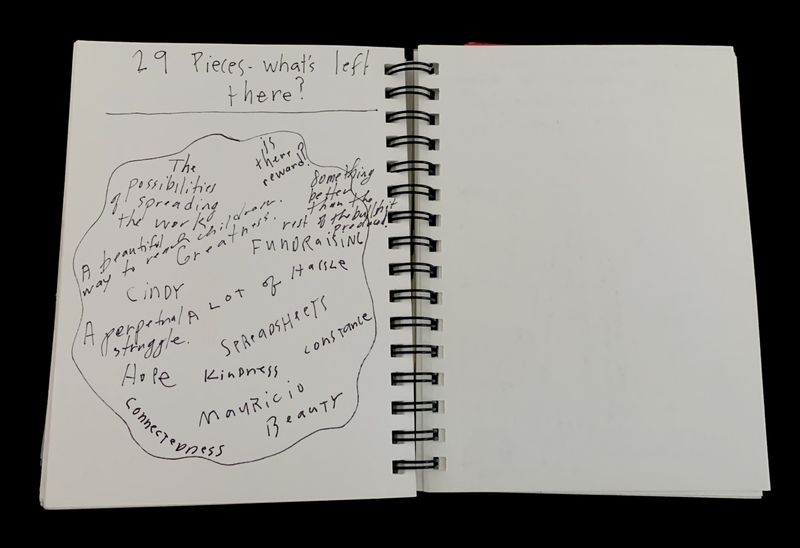 A handwritten page in a spiral notebook with a title and various notes and doodles.